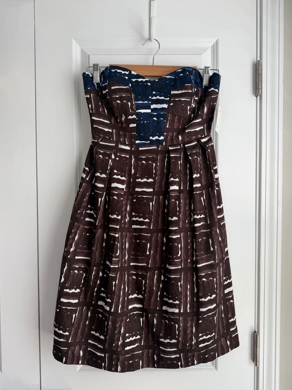 MILLY Strapless Brown Blue Abstract Brushstroke Print Fit & Flare Dress NWT Sz 2